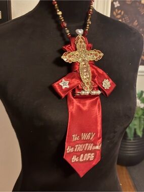 Red Satin Cross Ribbon Necklace - The Way The Truth The Life